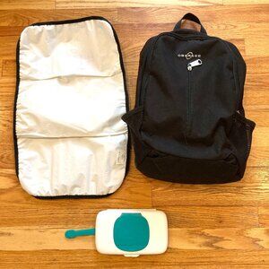 Obersee Rio diaper backpack, changing mat & OXO baby wipes dispenser set